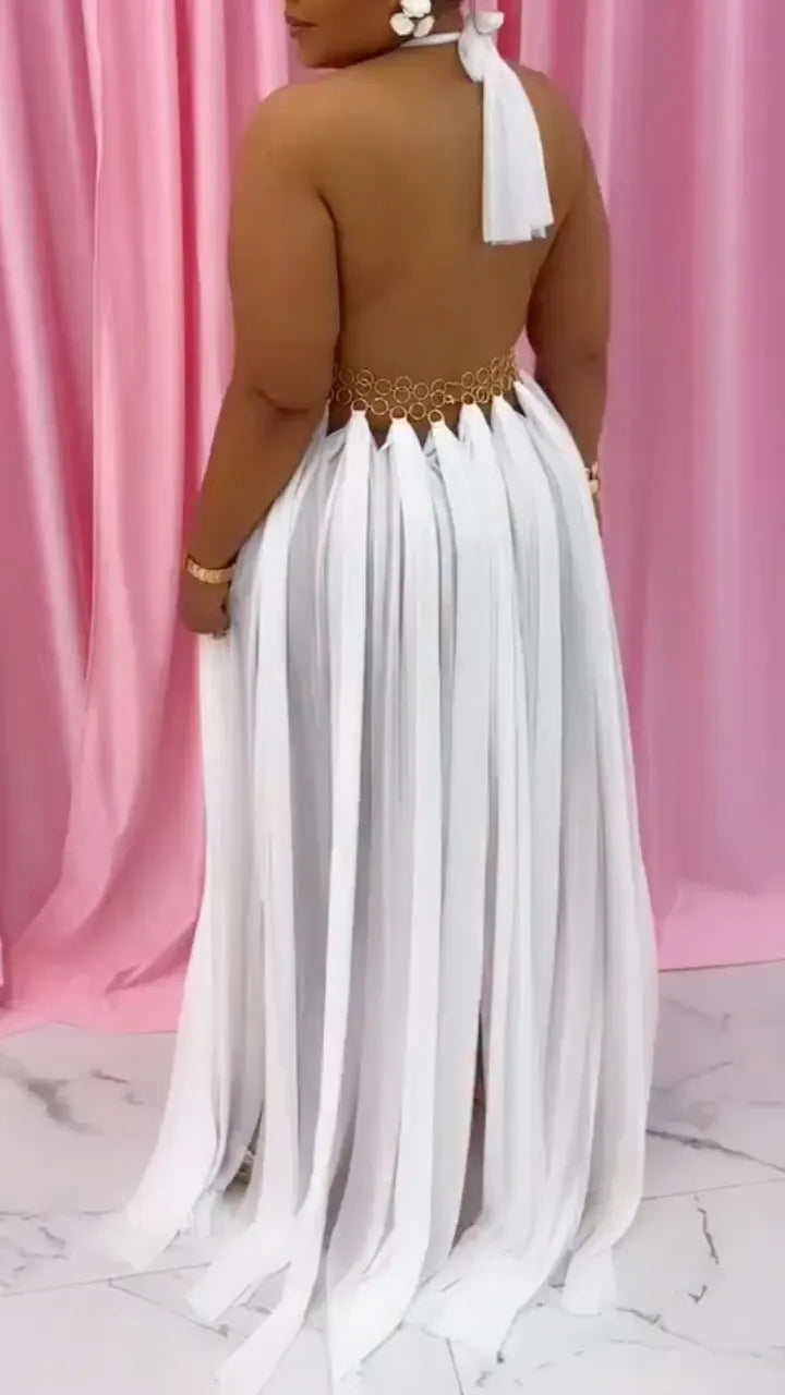 White Gold Ring Halter Maxi Dress