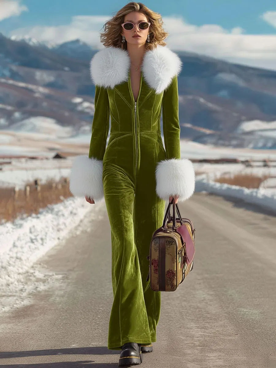 Fashion Retro Rose Red Velvet Faux Fur Collar Long Sleeve Flared Jumpsuit