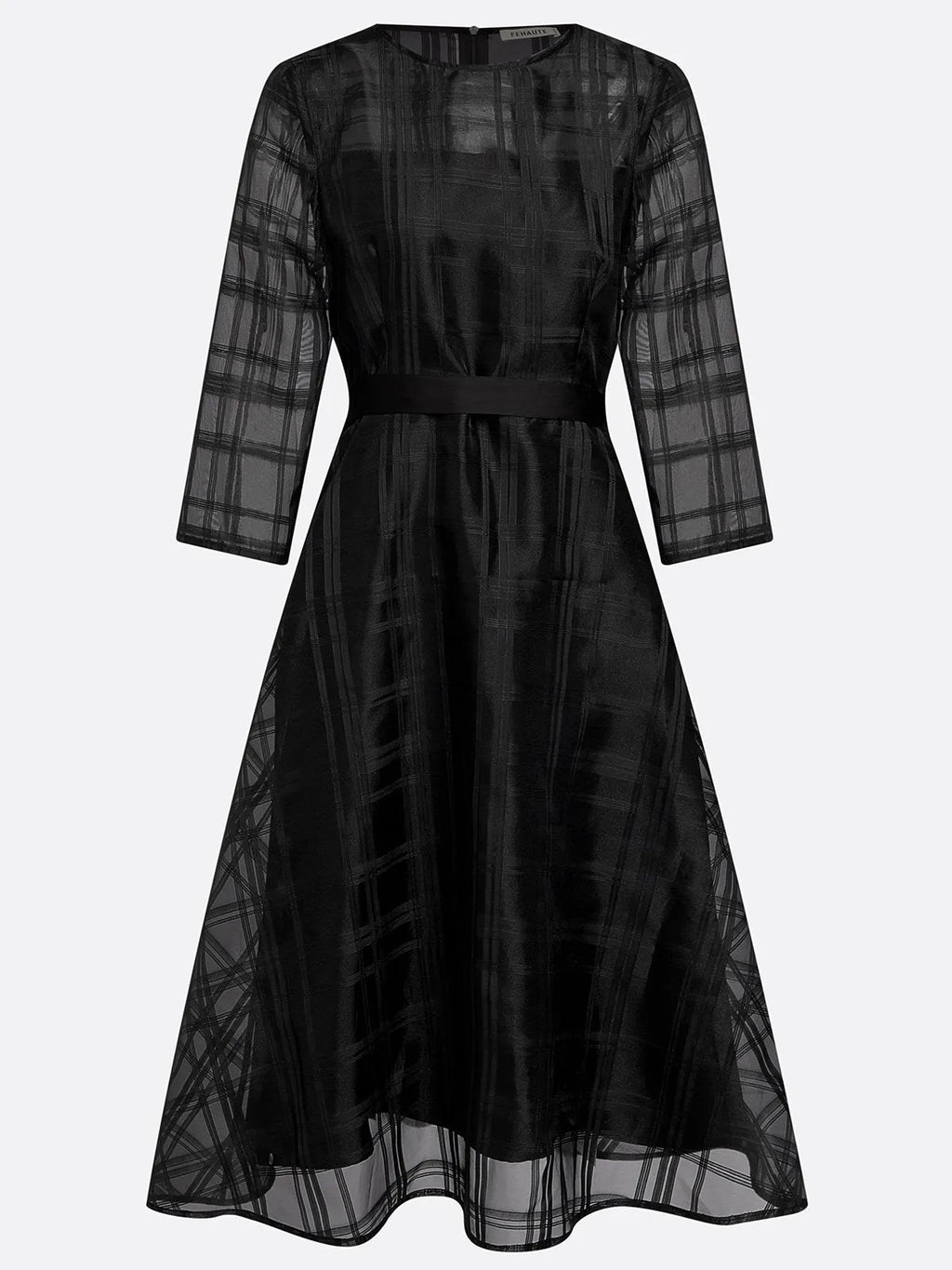 Black Plaid Organza Classic Crew Neck Three Quarter Sleeve A-Line Midi Dress