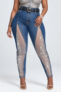 Rhinestone Mesh-Panel High-Waisted Skinny Jeans