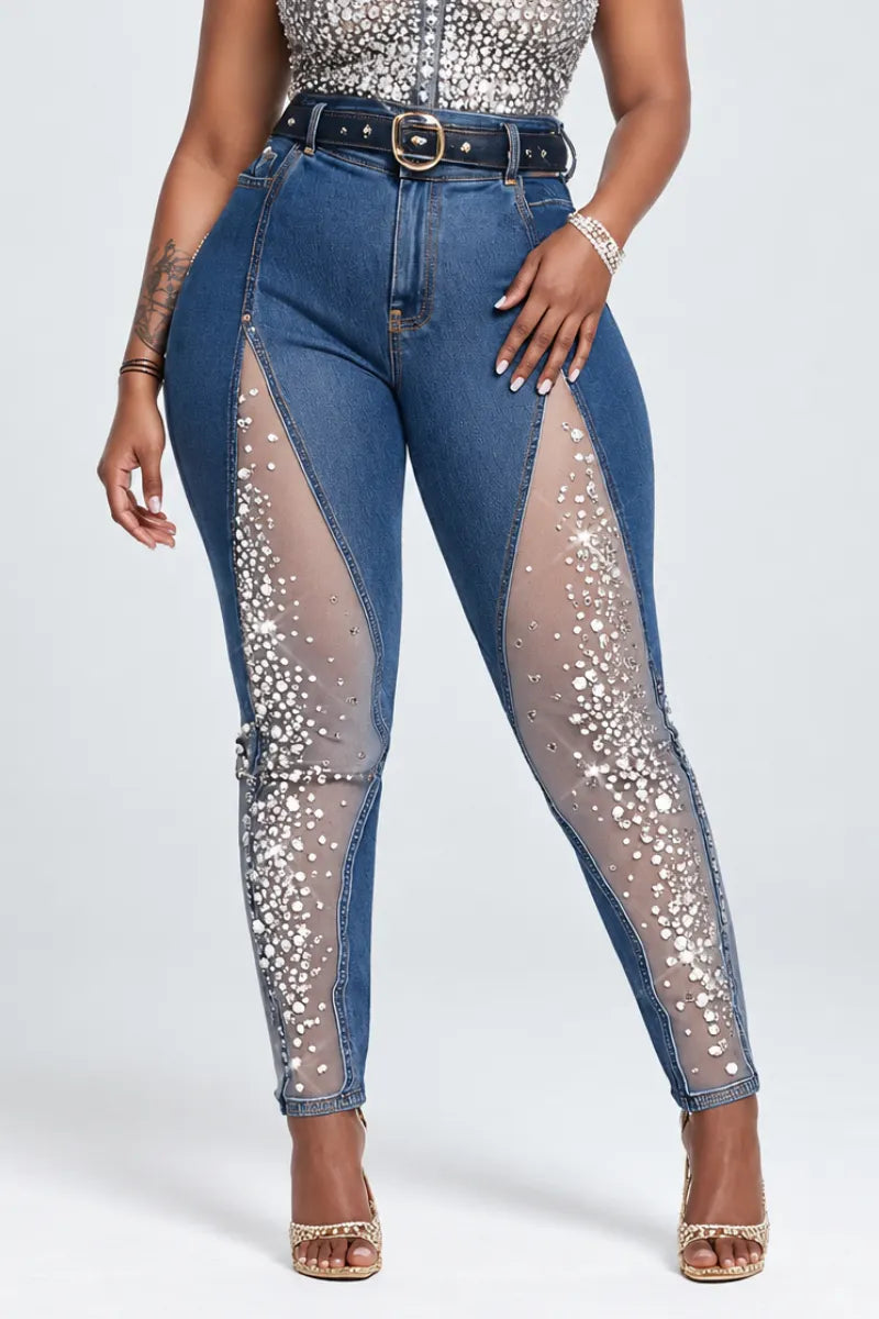Rhinestone Mesh-Panel High-Waisted Skinny Jeans