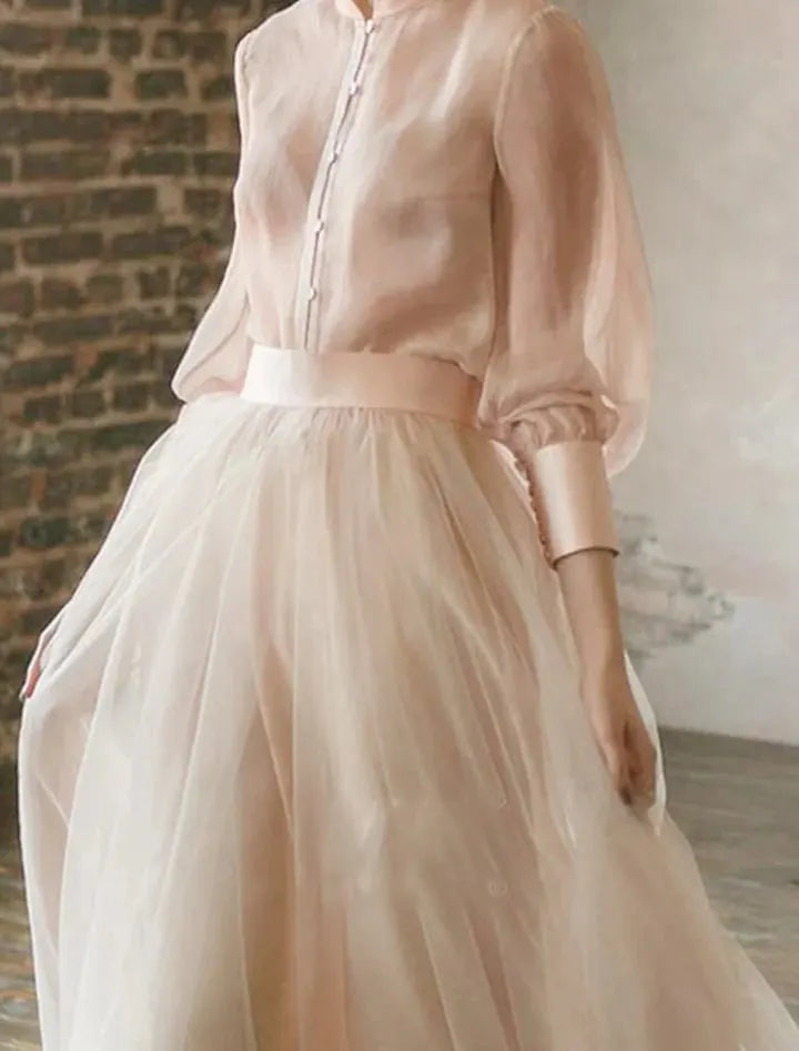 Cocoslly High Neck Long Sleeves High Waist Long Prom Dress | Blushing Pink Tulle LR0409