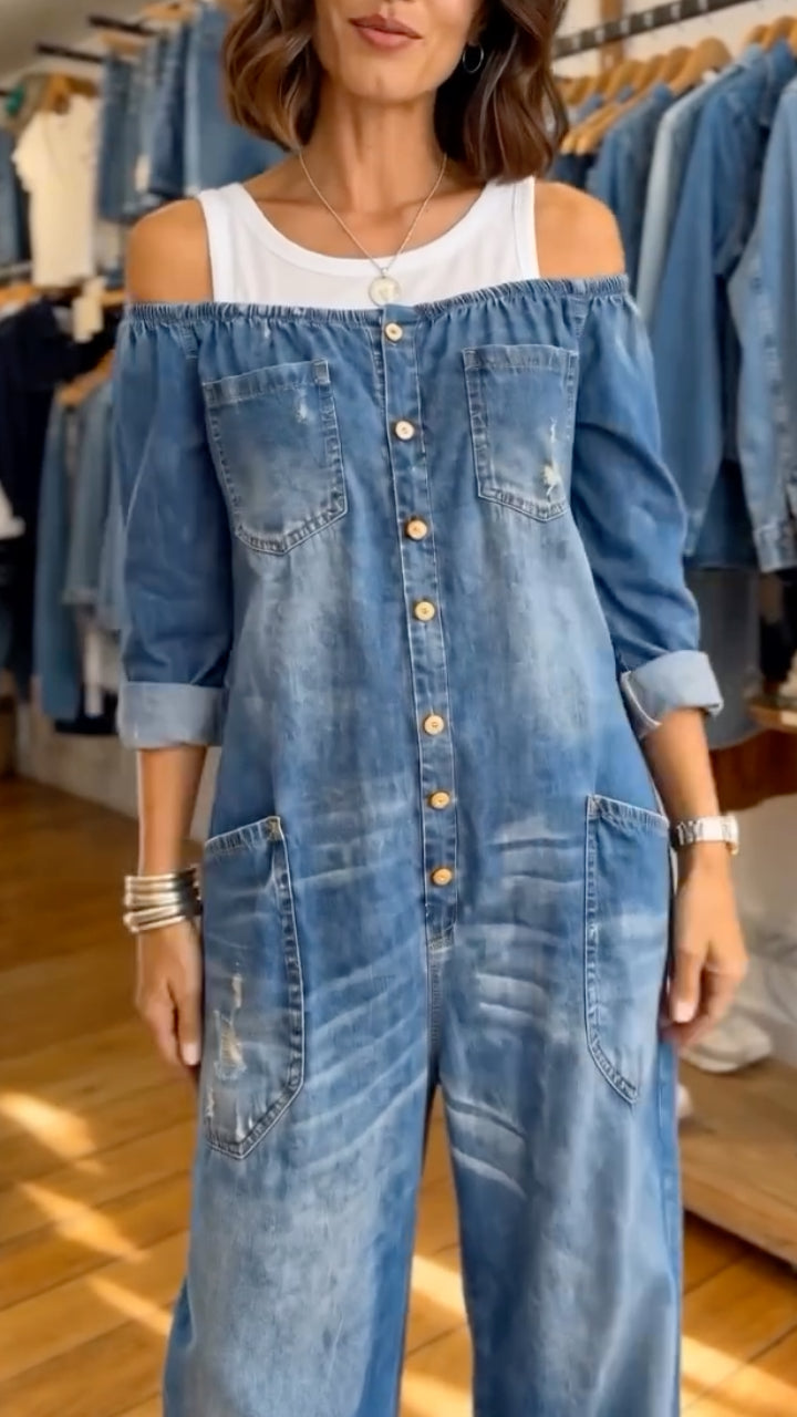 Women's - Faux Two-Piece Denim Jumpsuit