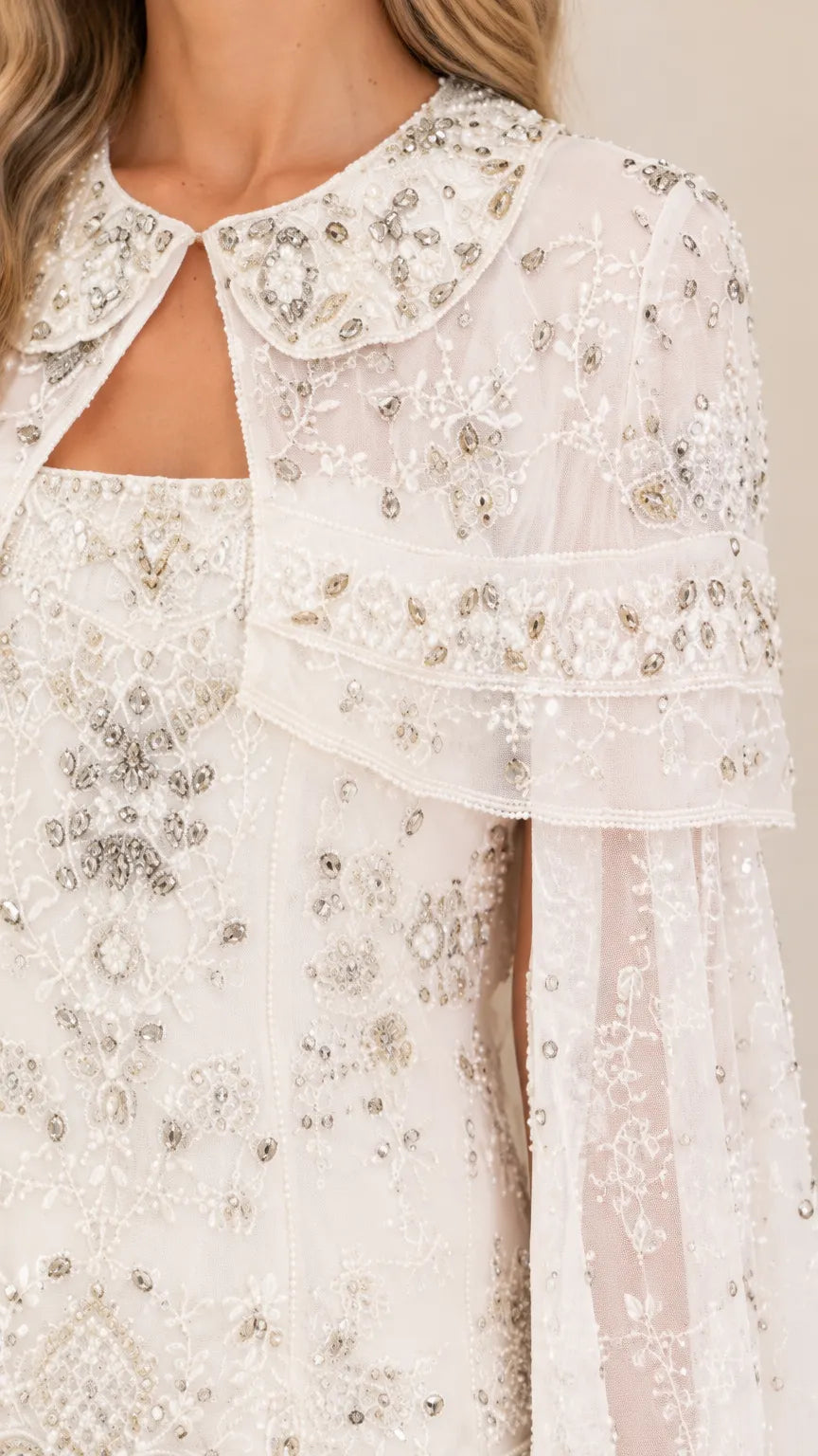Sequined Capelet Tiered Mini Dress with Long Slit Sleeves