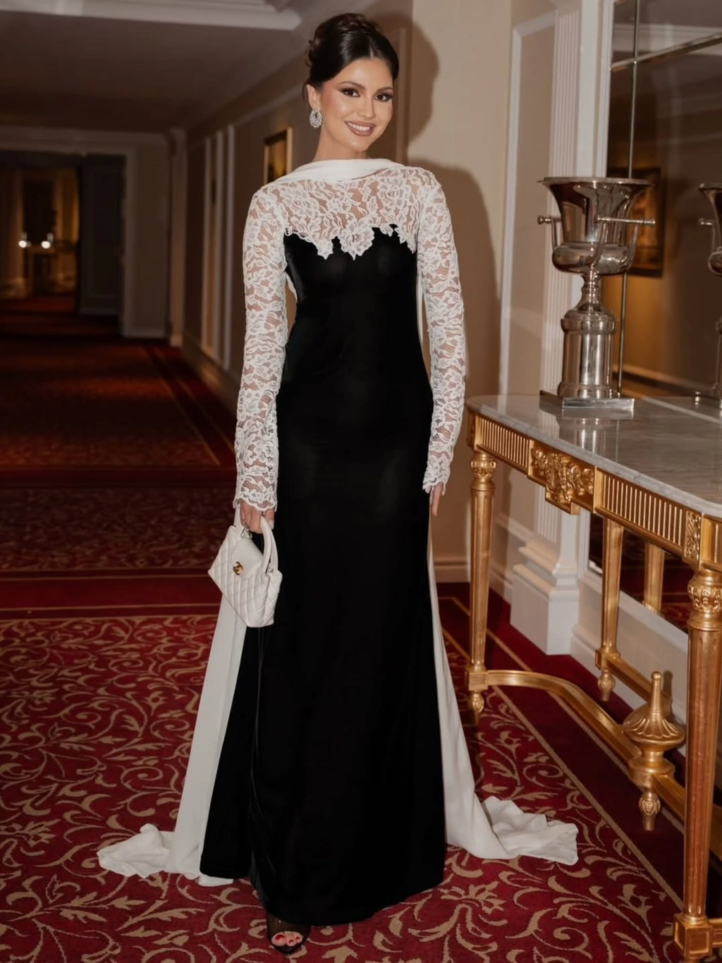 Cocoslly Long Sleeves Long Prom Dress With Scarf And Lace | Black And White Satin CO0089