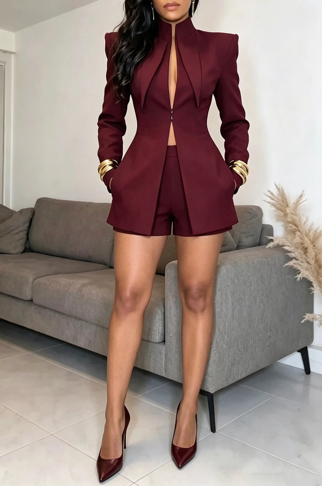 Women's Elegant Fashion Wide Shoulder Blazer Shorts Two-Piece Set
