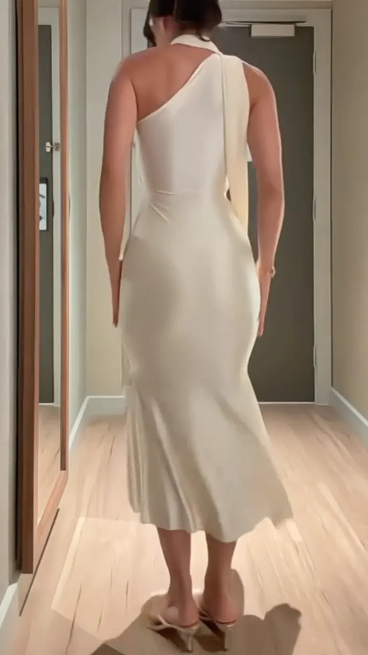 White Gold Ring Halter Maxi Dress