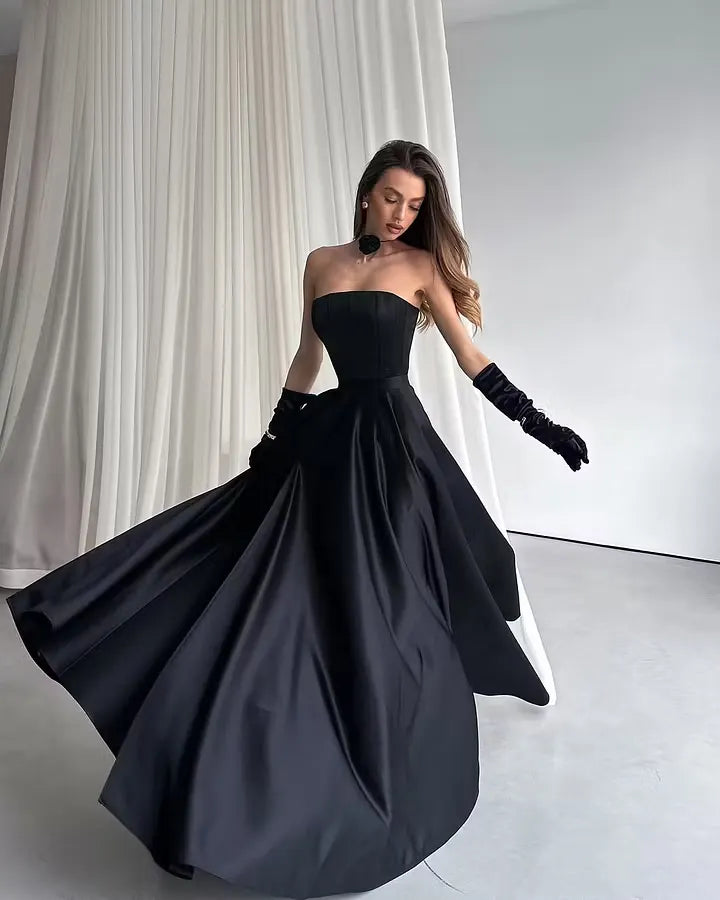 Cocoslly Strapless Sleeveless High Waist Long Prom Dress With Split And Gloves | Black Satin ZT0723