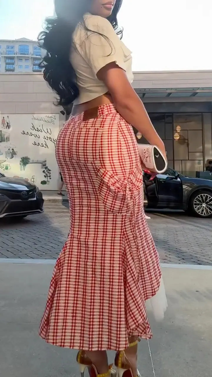 Red Gingham Ruched Mermaid Midi Skirt