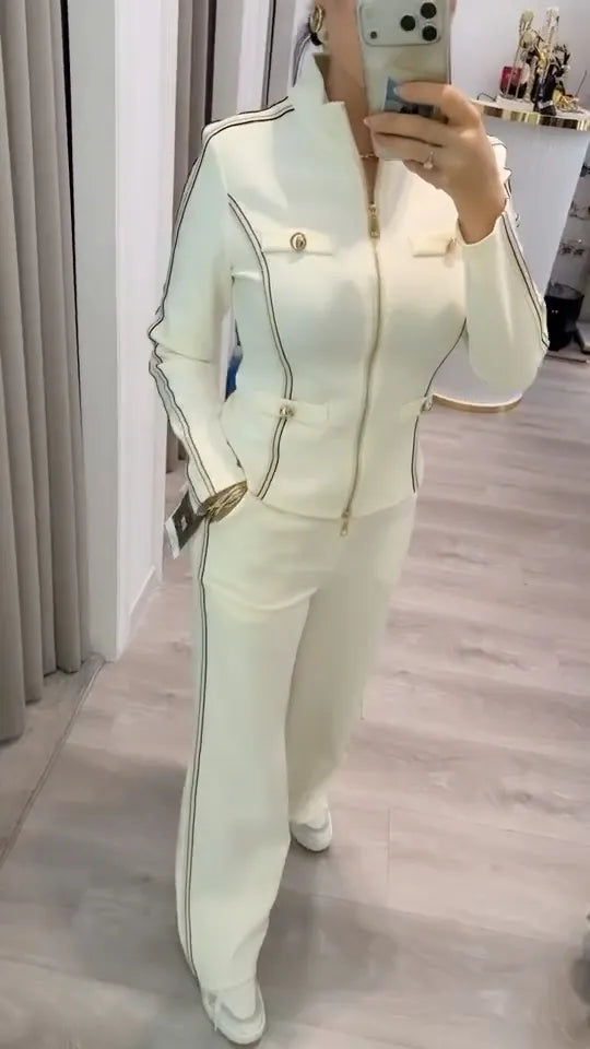 Contrast Piping Zip‑Up Jacket & Wide Leg Pant Tracksuit Set
