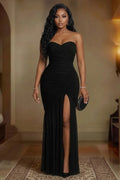Strapless Ruched Slit Slim Fit Evening Gowns Maxi Dresses-Black [Pre Order]