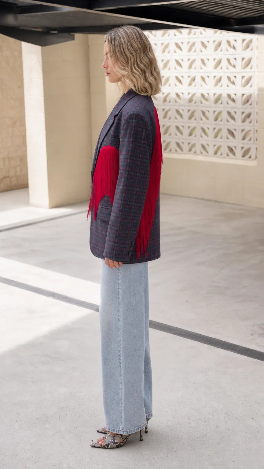 Women's Oversized Plaid Fringe Statement Blazer