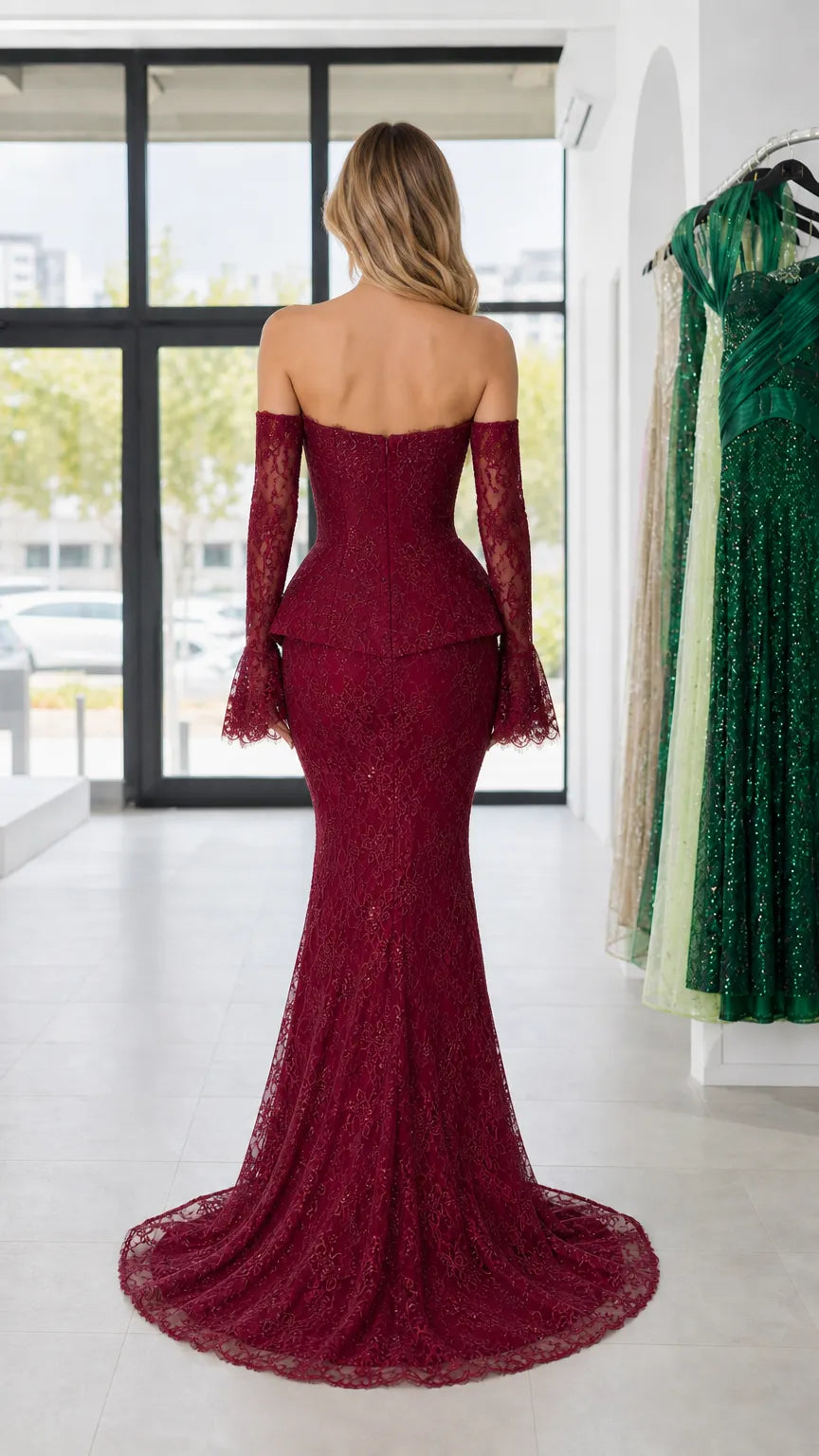 Off-the-Shoulder Peplum Lace Mermaid Evening Gown with Long Sleeves