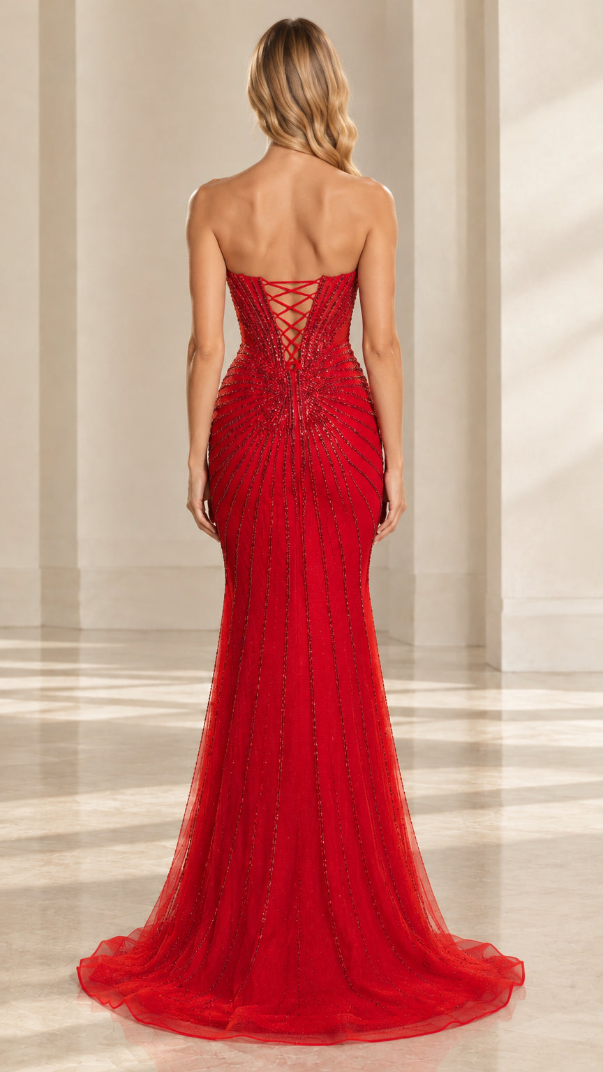 Strapless Beaded Corset Mermaid Evening Gown with Lace-Up Back