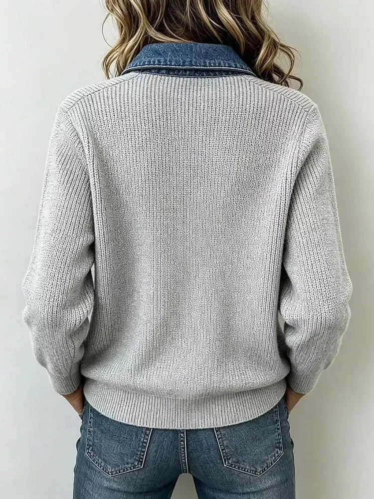 Casual Denim Pocket Knit Tops
