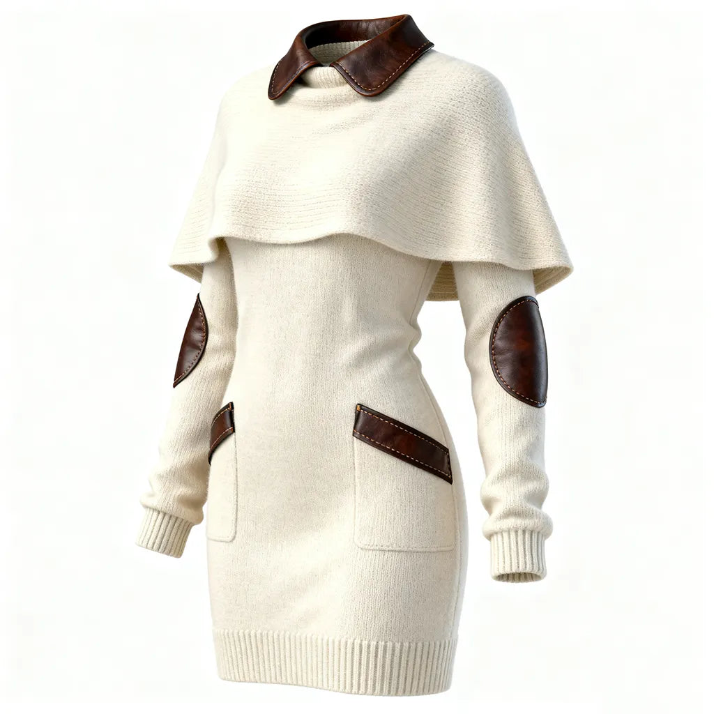Women's Elegant Beige Knit Cape Dress With Leather Accents