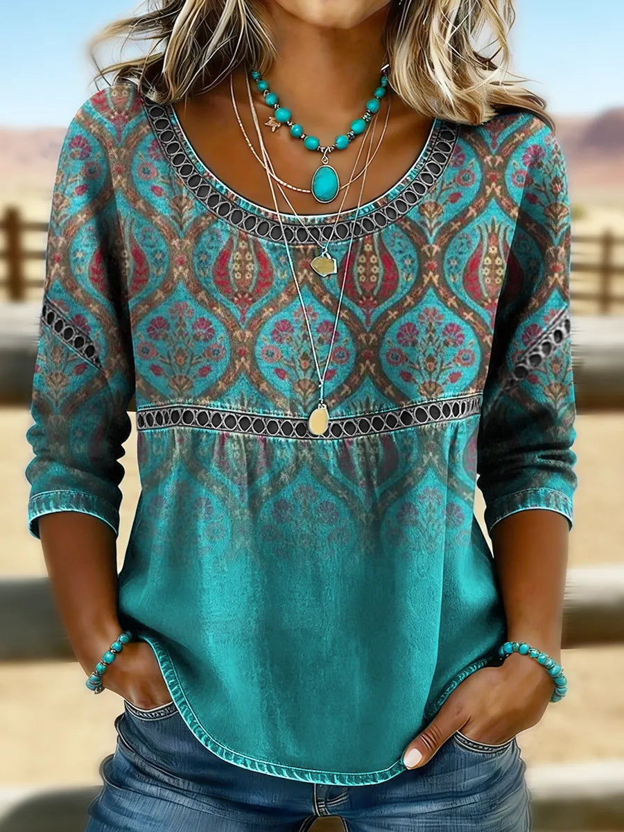Women's Retro Print Casual Hollow Denim Shirt