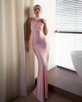 Cocoslly Halter Sleeveless High Waist Backless Long Mermaid Prom Dress | Pink Satin WT0121