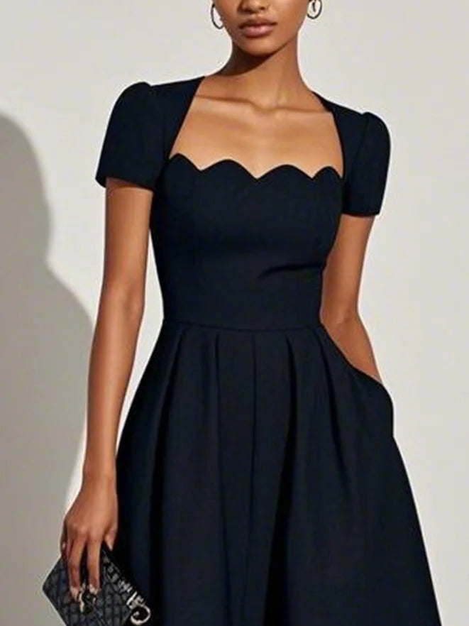 Black Asymmetric Classic Scalloped Square Neck Short Sleeve A-Line Midi Dress