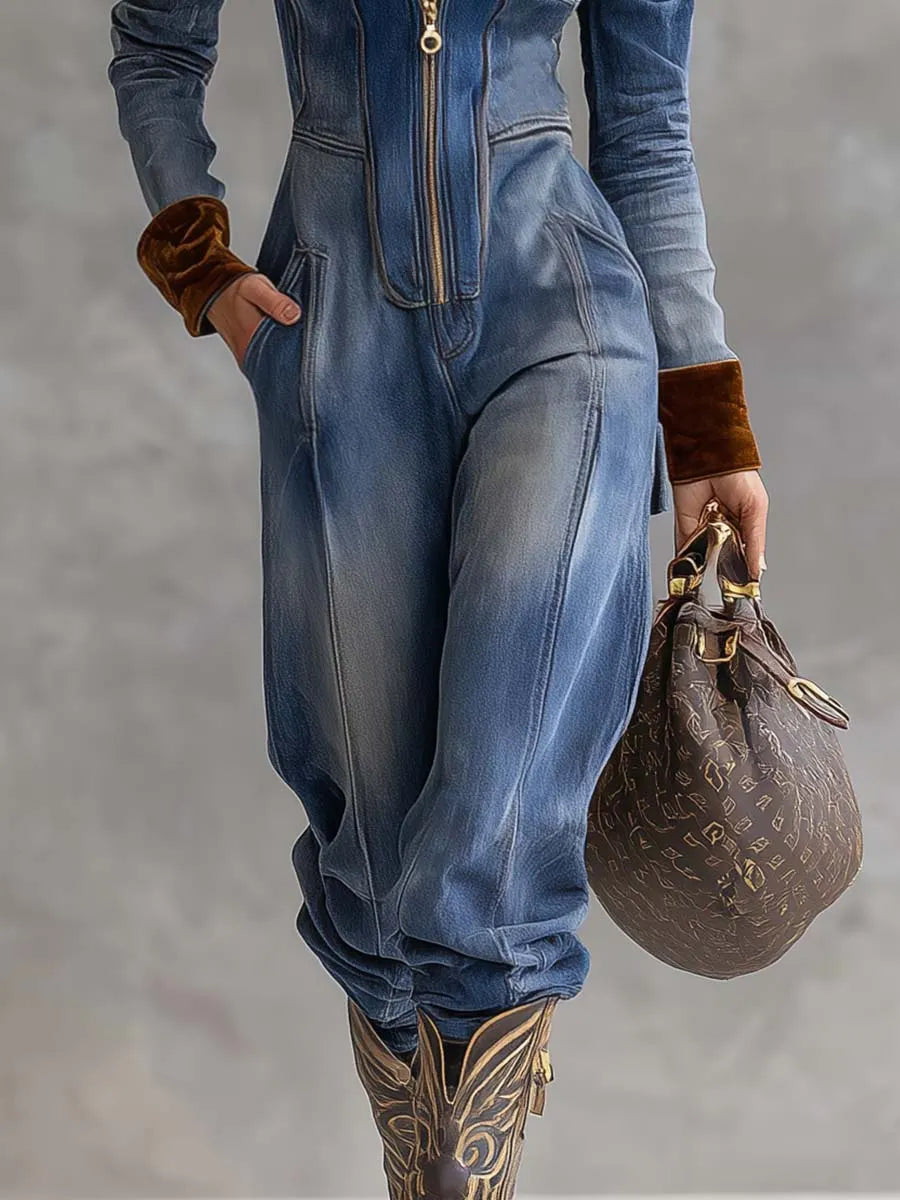 Vintage Casual Western Hooded V-neck Zipper Velvet Stitching Blue Denim Jumpsuit