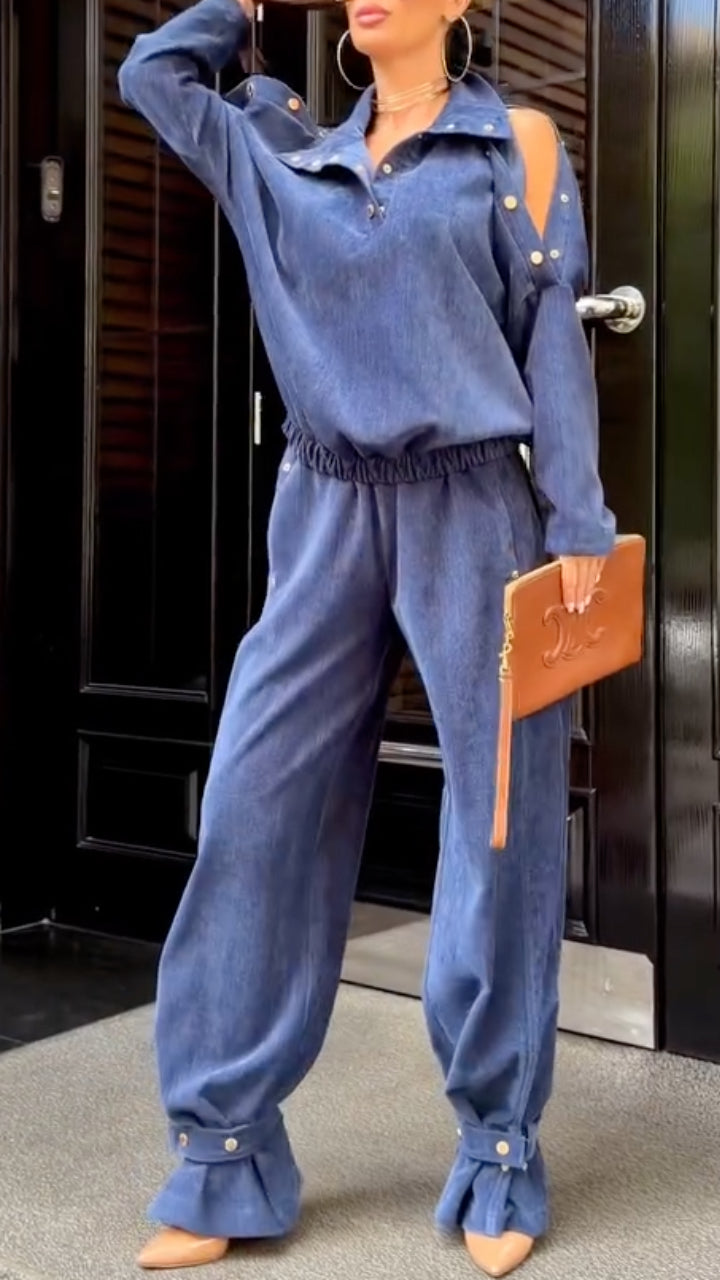 Cold-Shoulder Denim Top & Balloon-Leg Pants Set