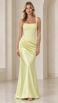 Square Neck Beaded Bodice Ruched Satin Evening Gown