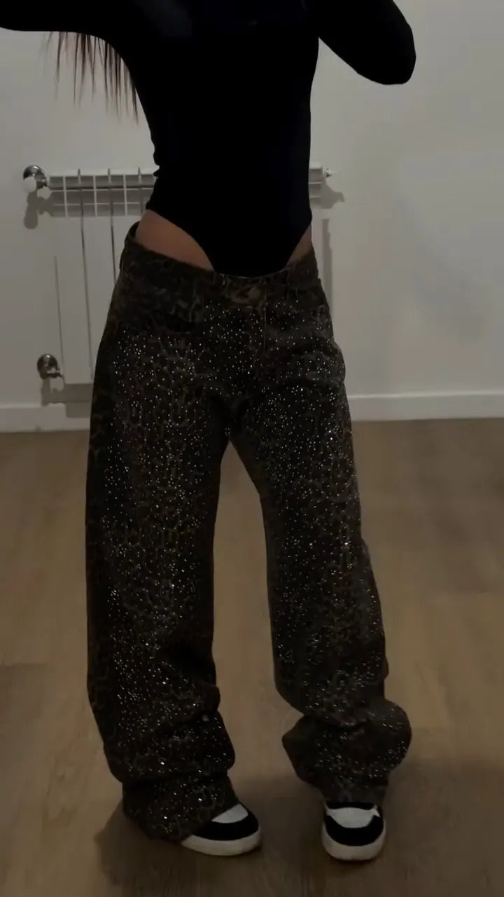 Rhinestone Leopard Print Straight Leg Pants