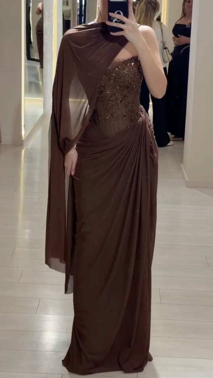 Draped Cape Sleeve Evening Gown