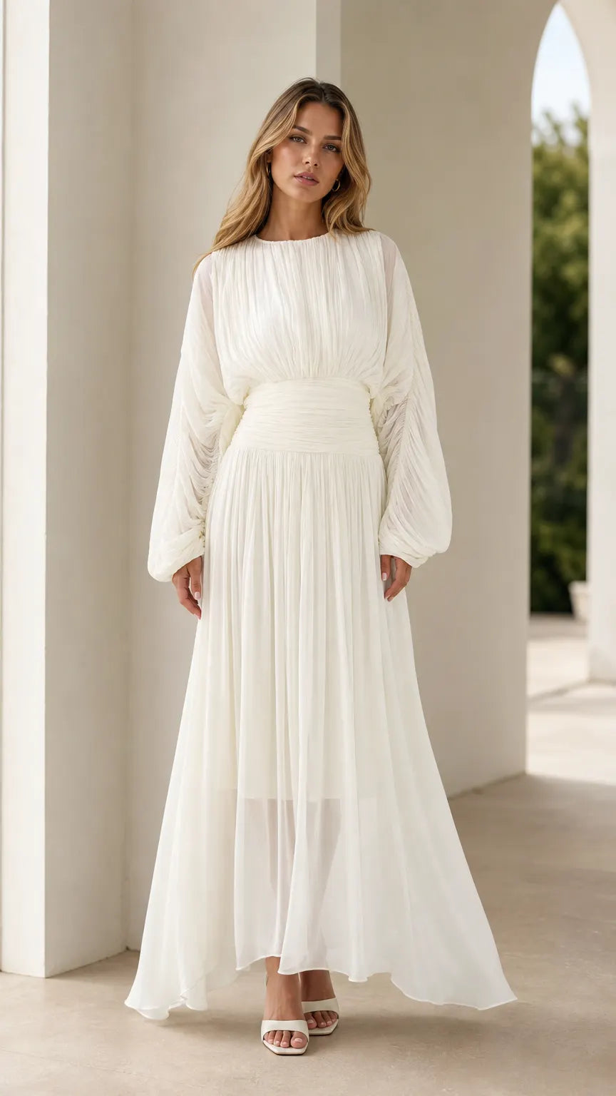 Elegant Pleated Long Sleeve Chiffon Maxi Dress with Ruched Waist