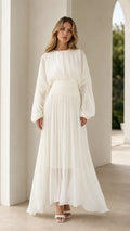 Elegant Pleated Long Sleeve Chiffon Maxi Dress with Ruched Waist
