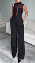 Sheer-Panel Top & Tailored Wide-Leg Pants Set