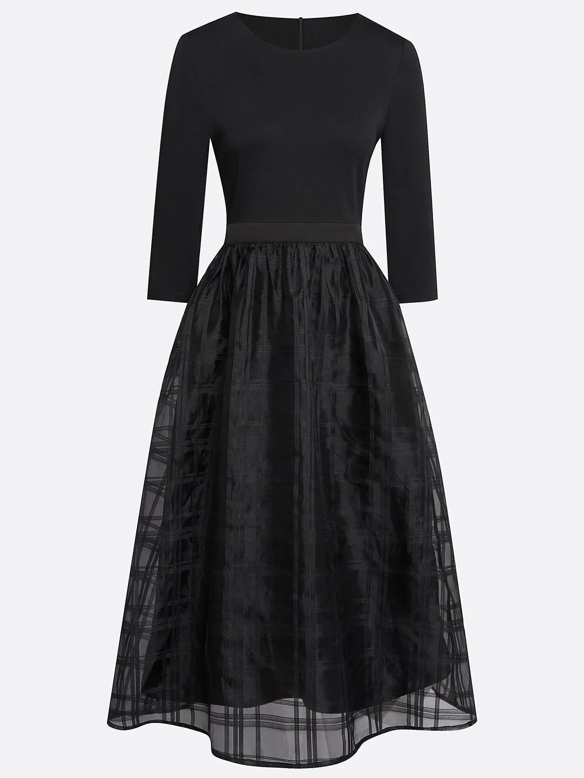 Black Organza Knit Crew Neck Half Sleeve A-Line Midi Dress