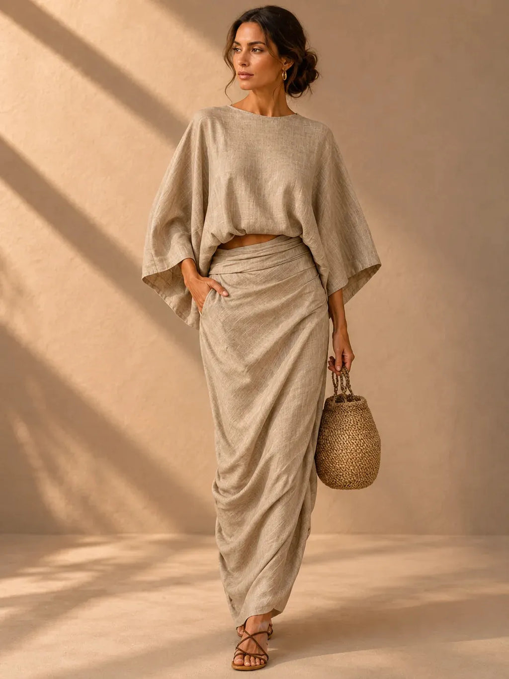Linen Blend Batwing Top & Wrap Maxi Skirt Two‑Piece Set