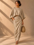 Linen Blend Batwing Top & Wrap Maxi Skirt Two‑Piece Set