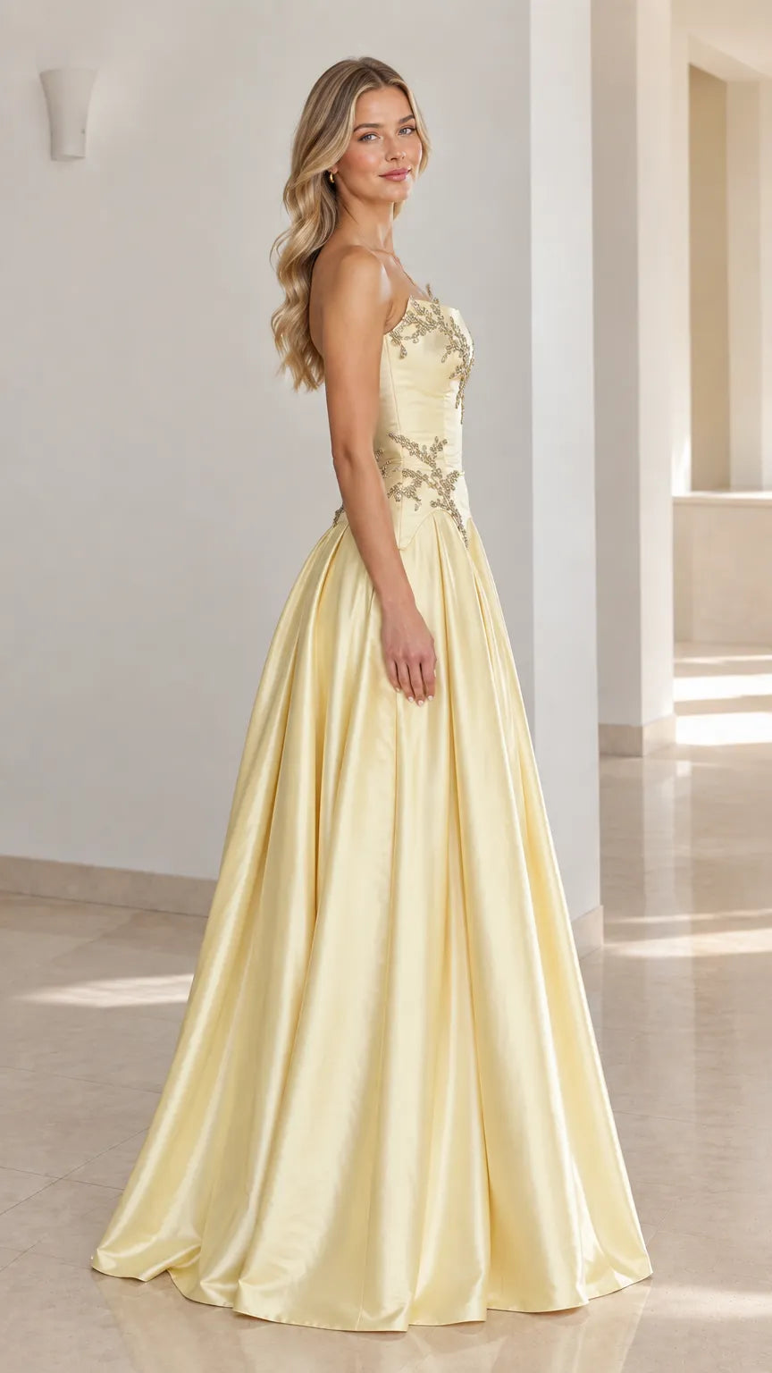 Strapless Beaded Embroidered Basque Waist Satin Formal Ball Gown