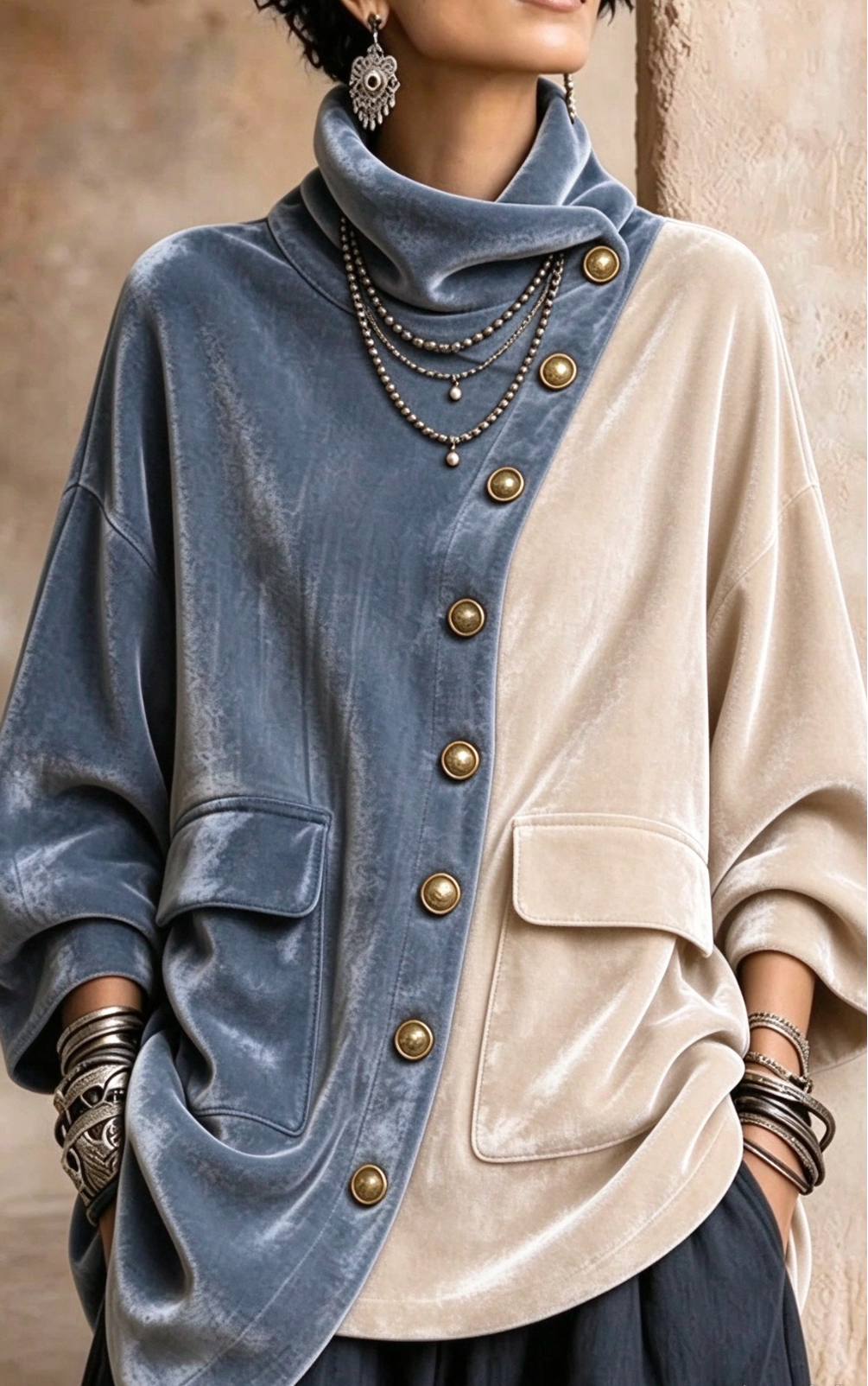 🤲LAST DAY SAVE 49% ⏰Vintage Velvet Color Block Cowl Neck Jacket