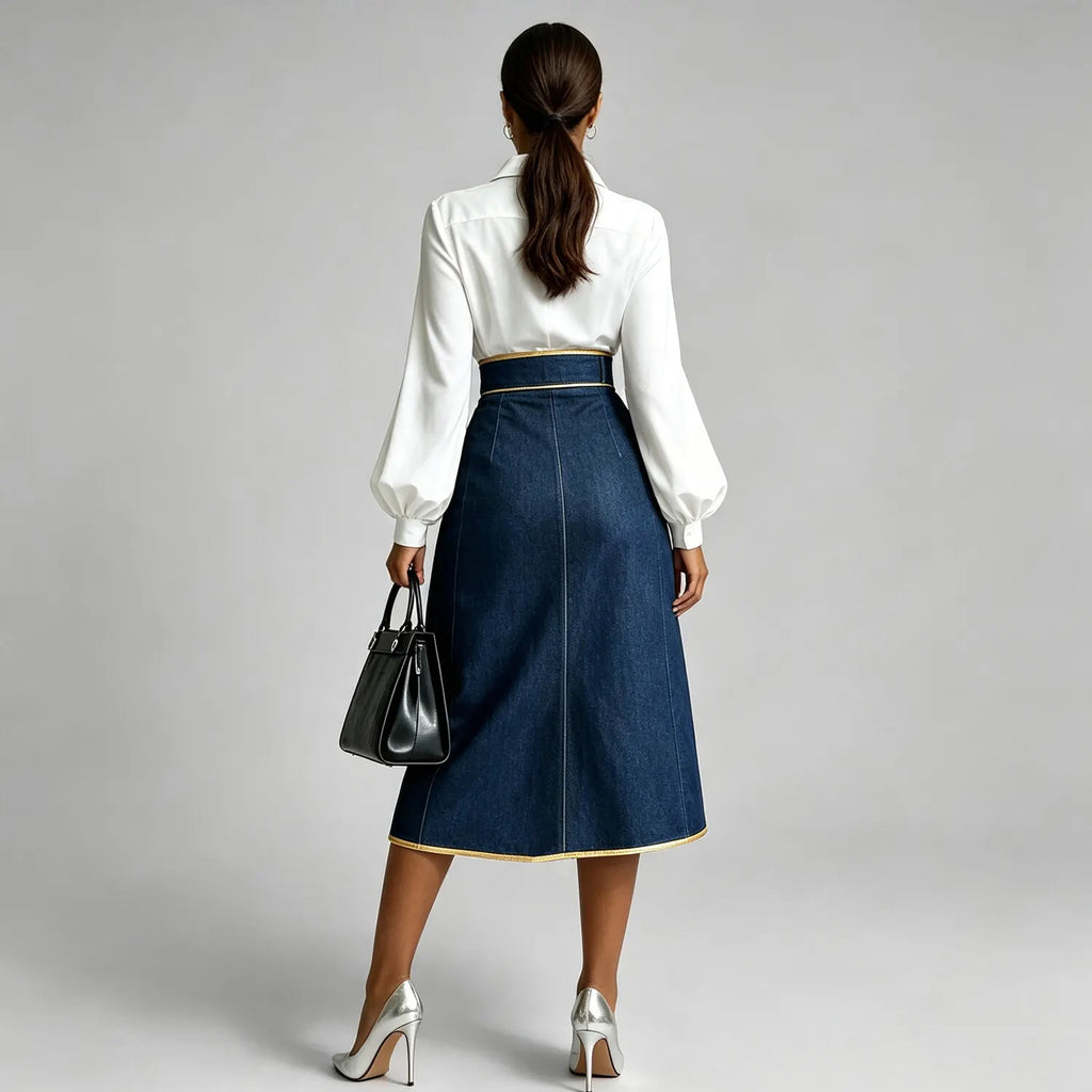 Women's Fashion High Waist Contrast PU Leather Piping Gold Metal Eyelet Hollow Out Split Denim Midi Skirt