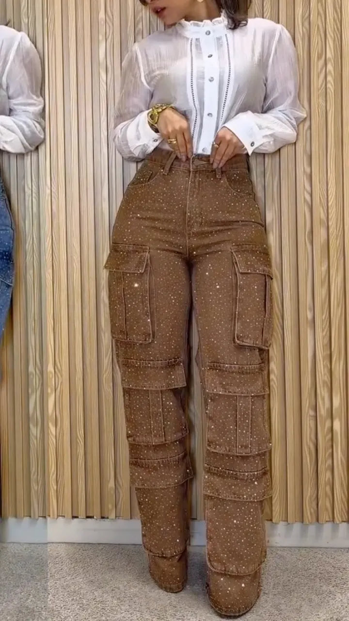 Rhinestone Multi Pocket Cargo Wide Leg Jeans