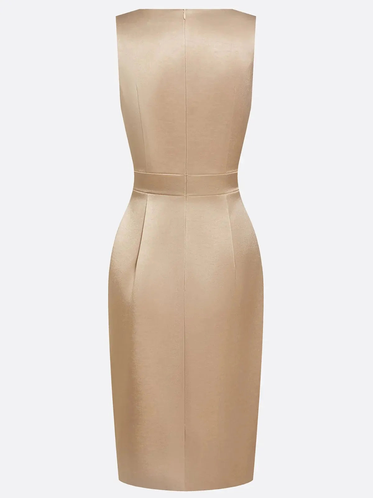 Champagne Ruched Buckle Satin Cowl Neck Sleeveless Sheath Midi Dress