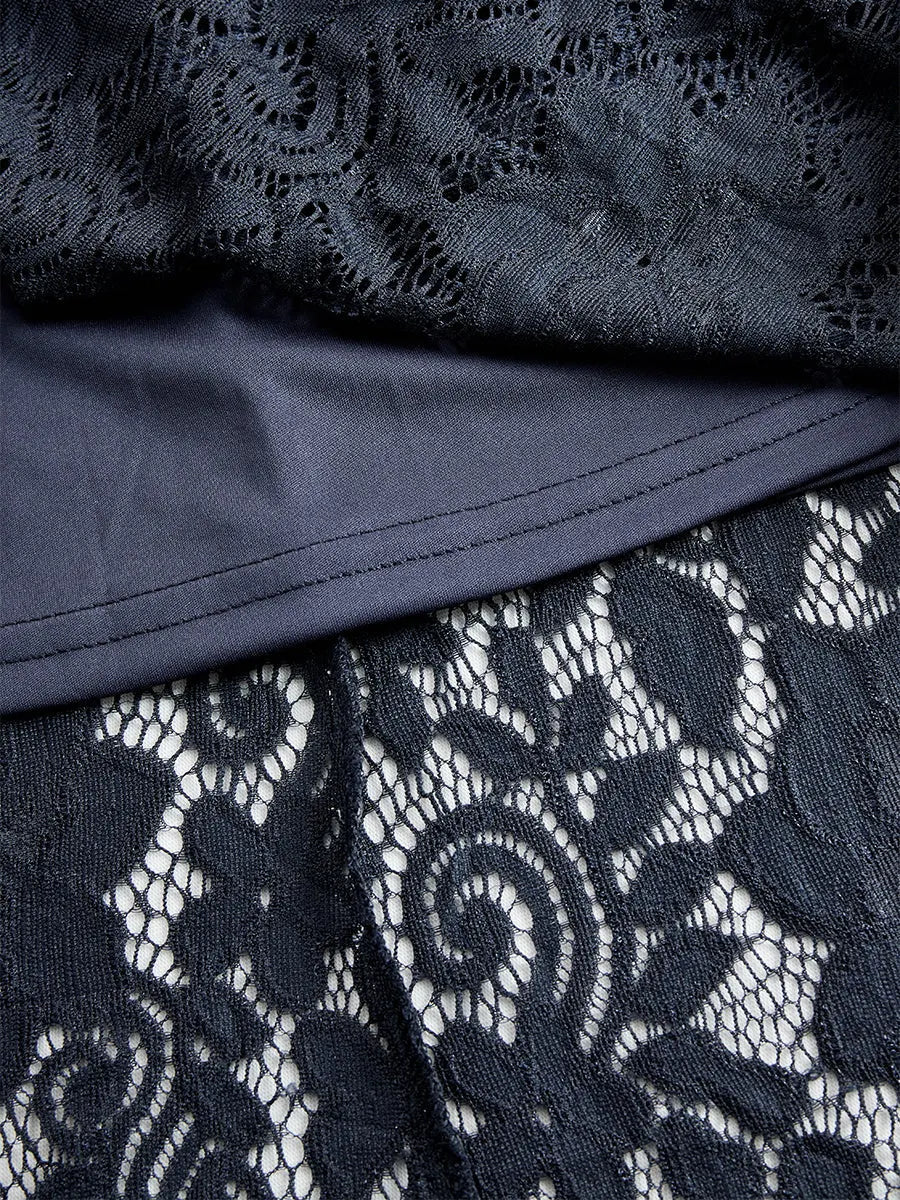 Vintage Bohemian Blue Lace Long Sleeve Midi Dress