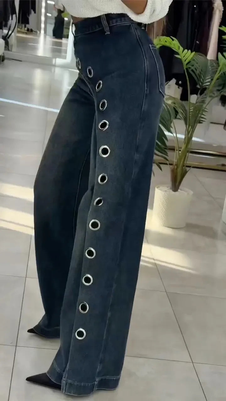 Dark Denim Eyelet Detail Wide Leg Jeans
