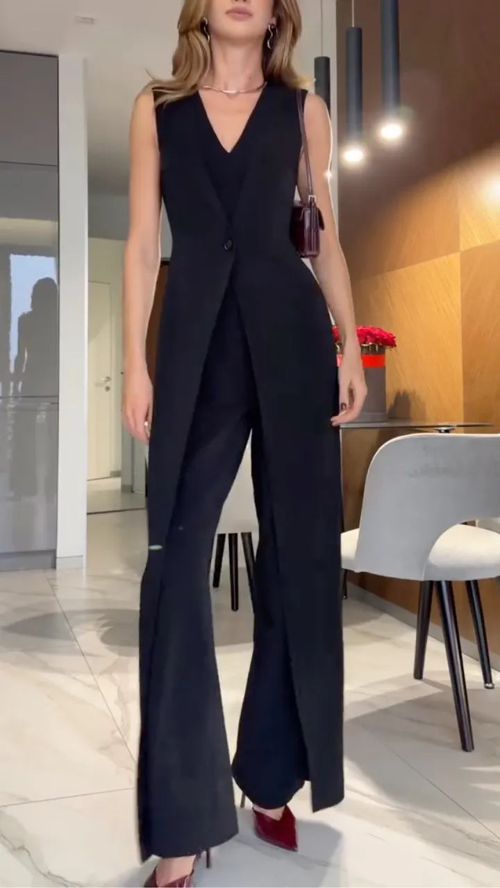 Sleeveless Lapel Blazer Overlay Wide‑Leg Jumpsuit