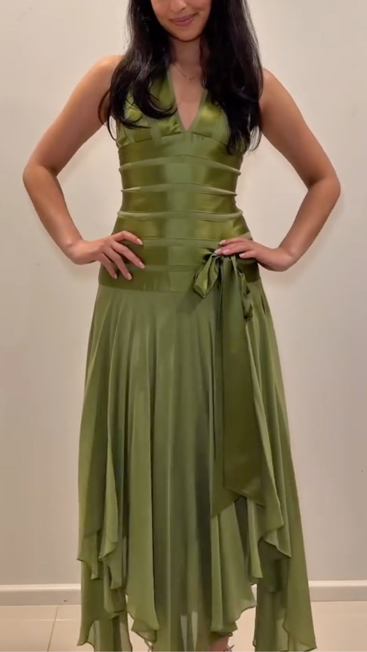 Satin Halter Handkerchief Midi Dress