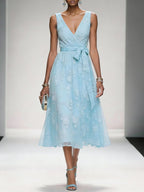 Deep Pink Bow Embroidery Classic V Neck Sleeveless A-Line Midi Dress With Pockets