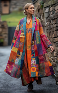 Vintage Loose Linen Patchwork Rainbow Contrast Dress+Pant a103