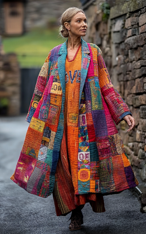 Vintage Loose Linen Patchwork Rainbow Contrast Dress+Pant a103