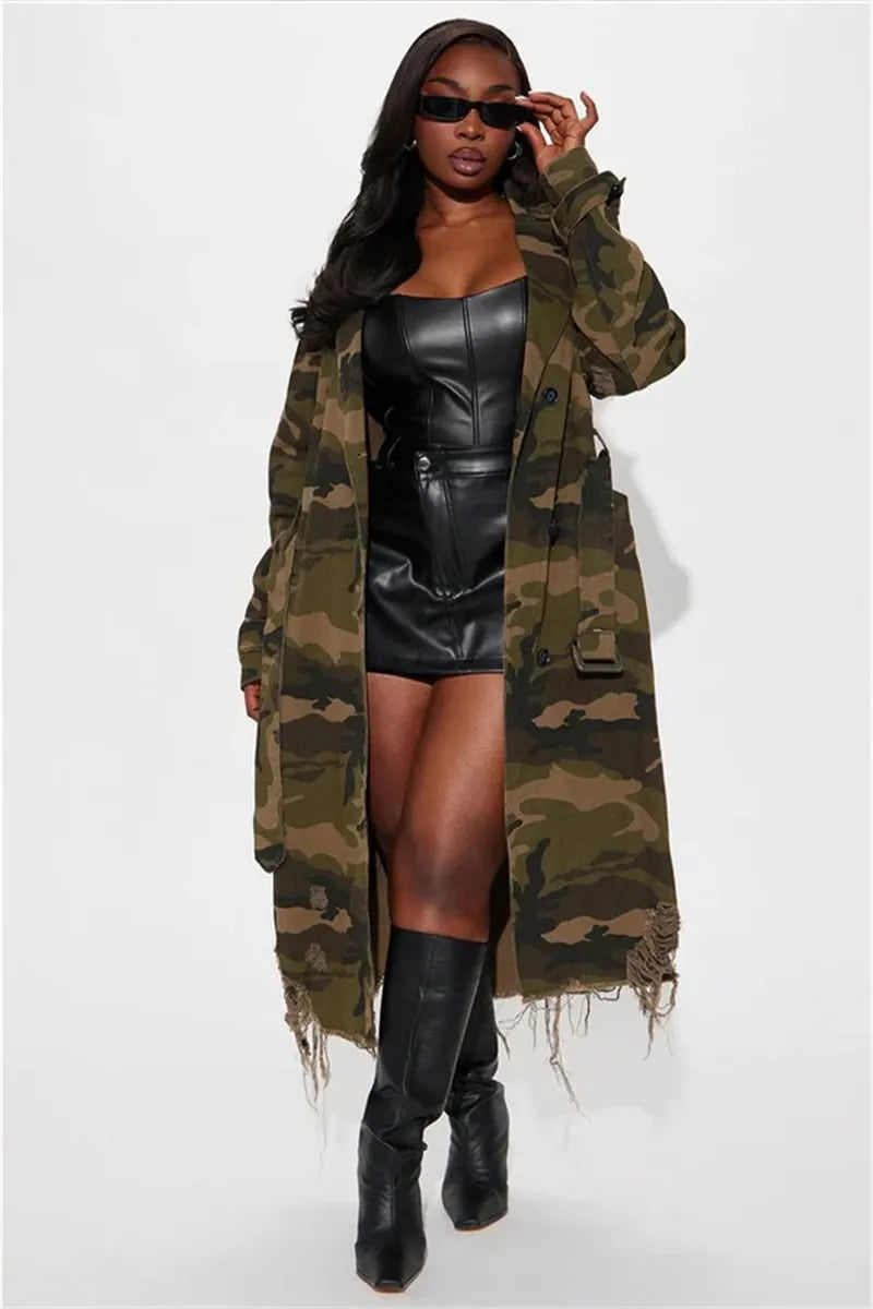 Stylish Women's Camo Long Coat With Edgy Distressed Details
