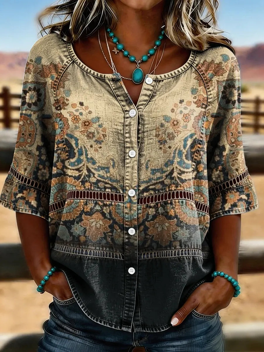 Women's Floral Print Casual Hollow-out Denim Shirt