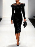 Black Feather-trimmed Mesh Velvet Crew Neck Long Sleeve Sheath Midi Dress