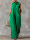 Women's Minimalist Loose-Fit Linen-Blend Jumpsuit — Stand Collar, Sleeveless, Single-Breasted MDZ2928D6Y
